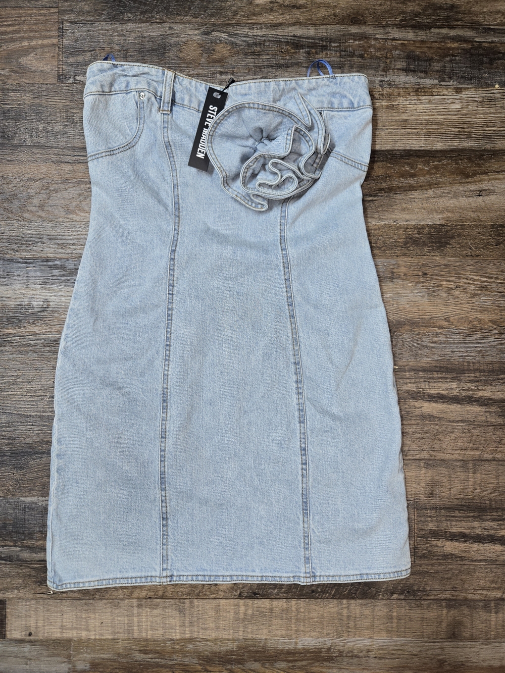 Steve Madden Light Wash Strapless Denim Dress with Rosette